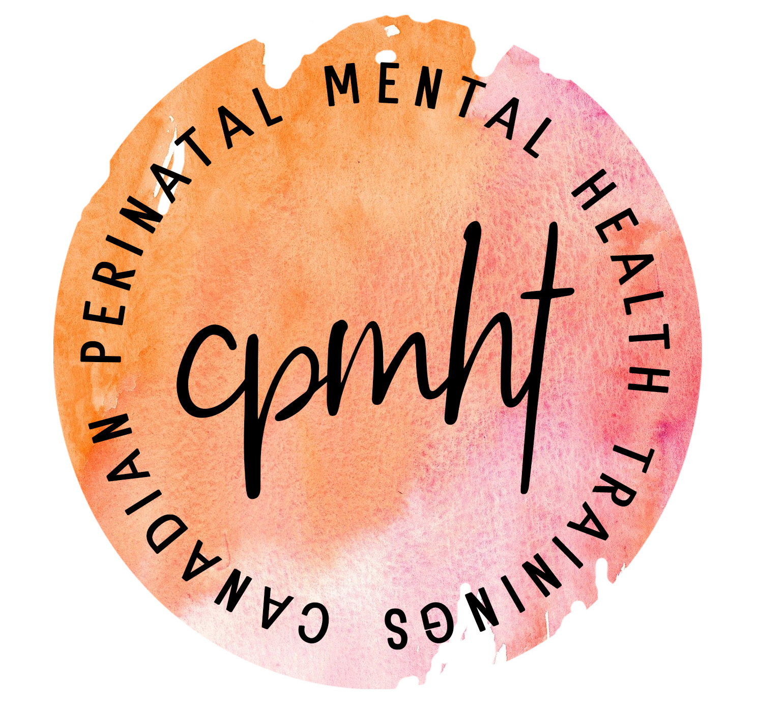 CPMHT logo. A grungey orange circle with Canadian Perinatal Mental Health Trainings around the edge of the circle. CPMHT is written in the middle.