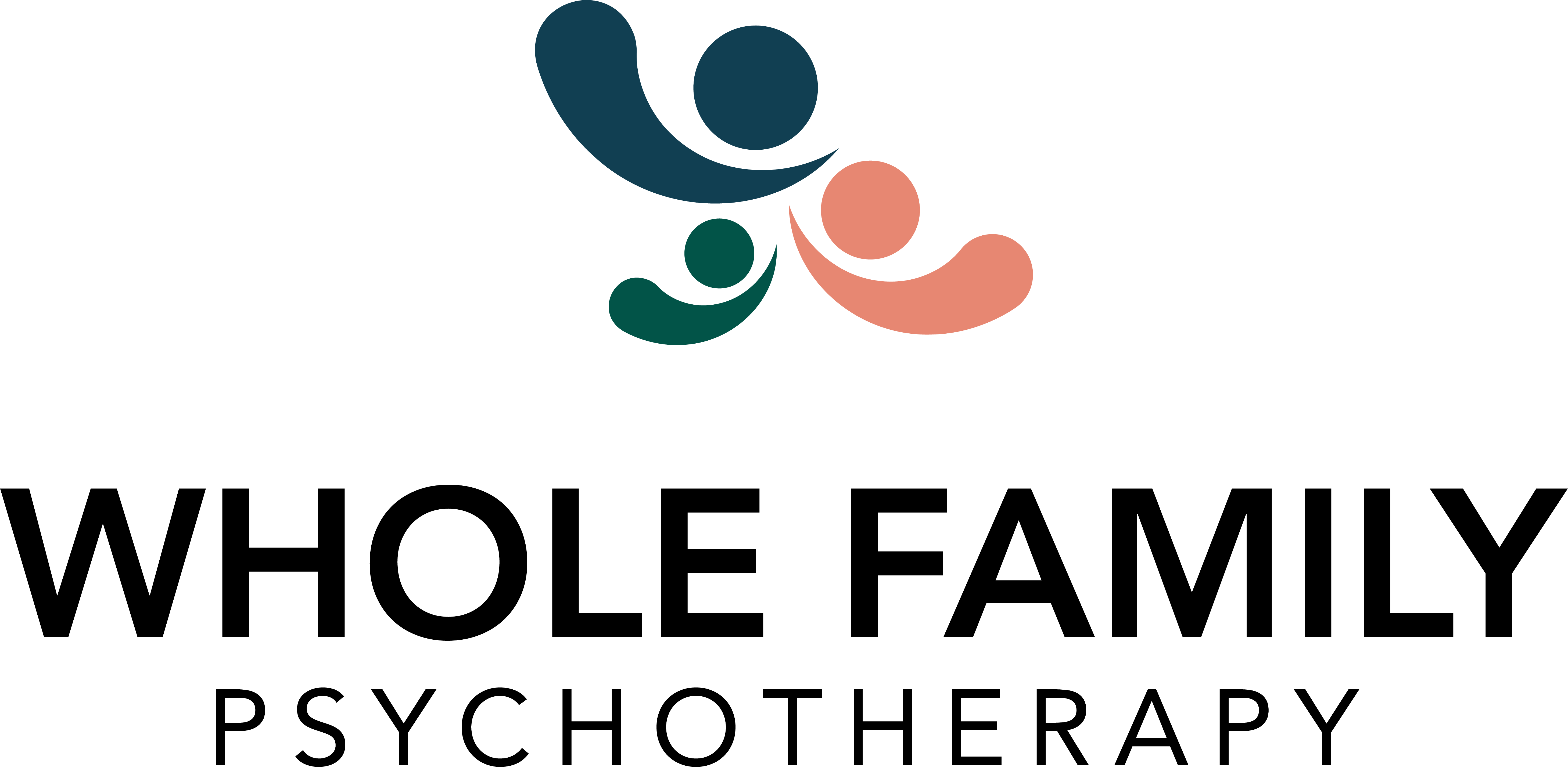 Whole Family Psychotherapy logo has three circles in navy, peach, and green that have swooshes in matching colours beneath them.