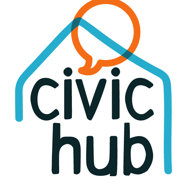 Civic Hub logo with a blue house outline and an orange speech bubble on top.